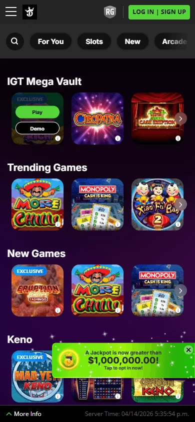 DraftKings Casino games screen in the mobile app with casino game categories