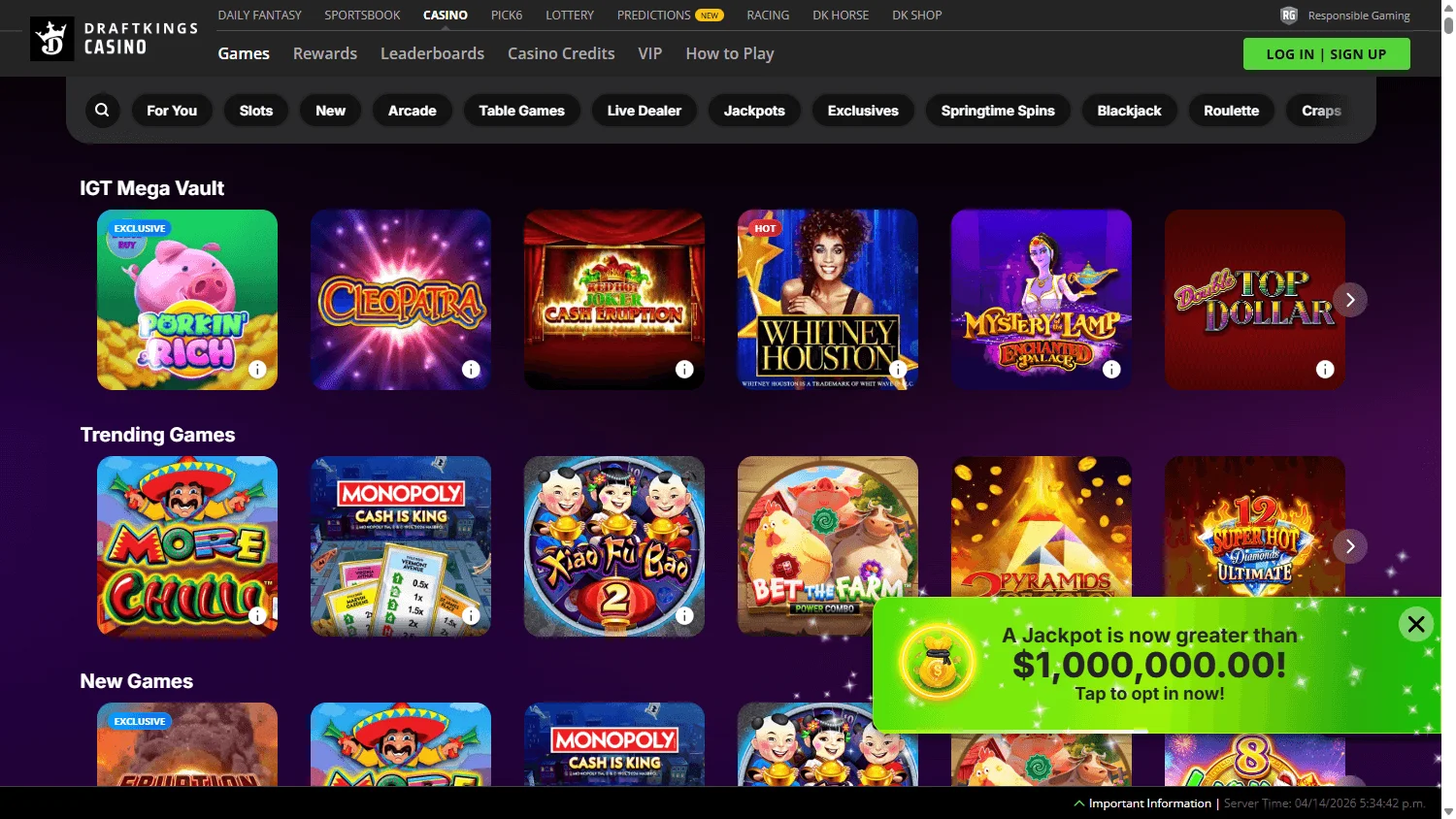 DraftKings Casino games screen on desktop with slots and casino categories