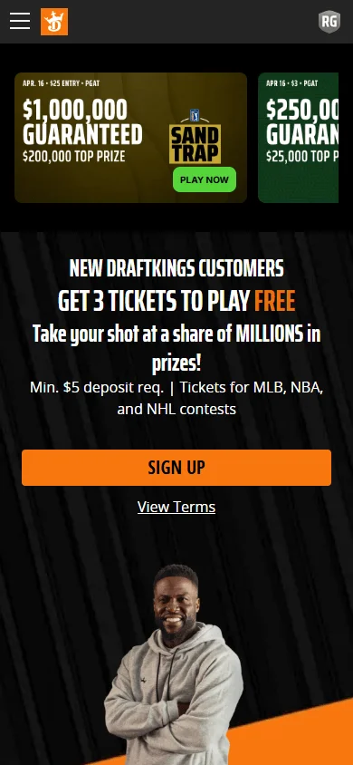 DraftKings Casino home screen in the mobile app with casino and sportsbook access