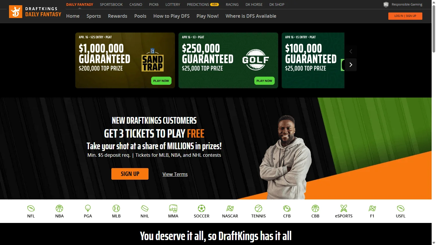 DraftKings Casino home screen on desktop with casino and sportsbook access