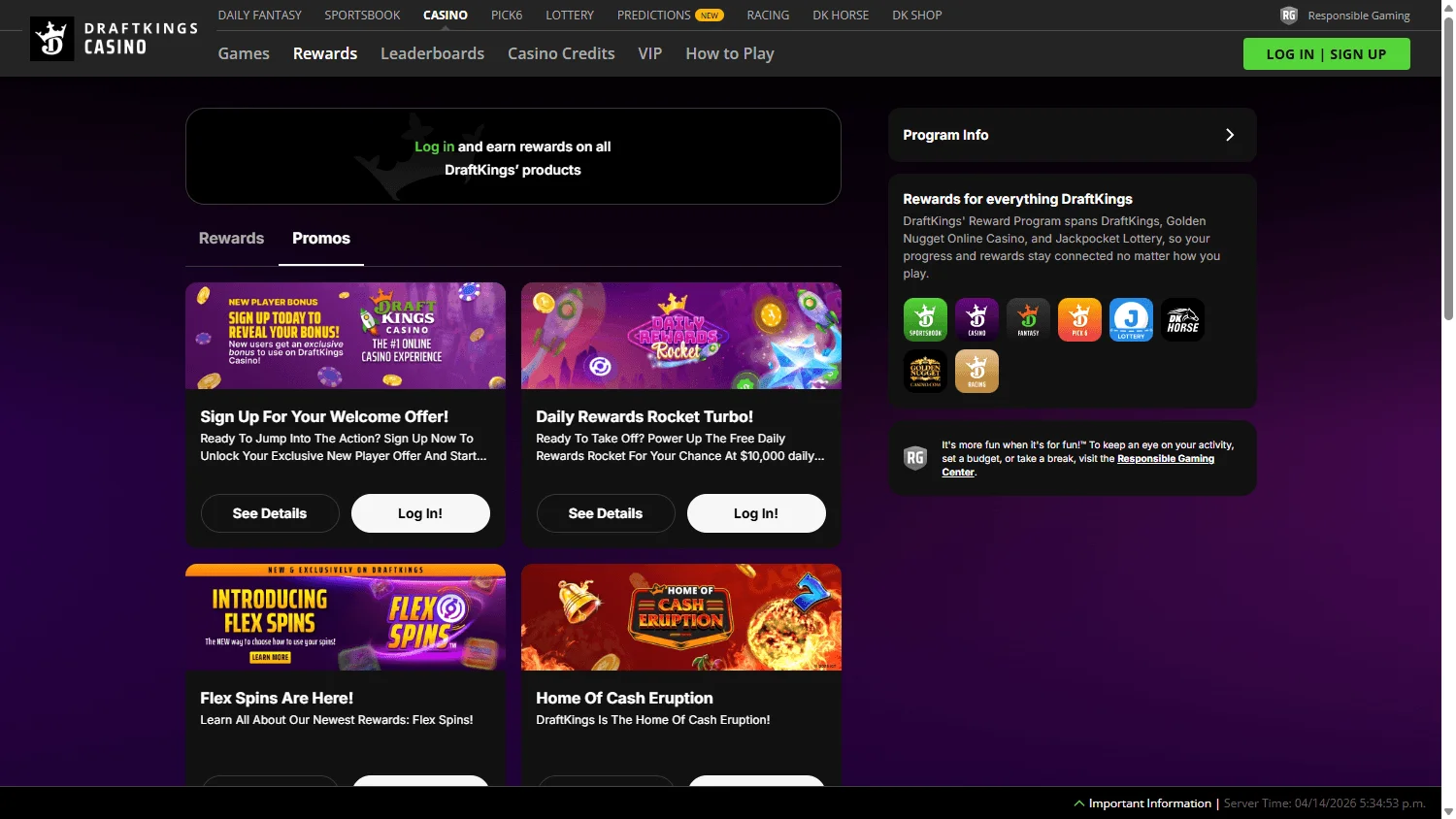 DraftKings Casino promotions screen on desktop with rewards and promotional features