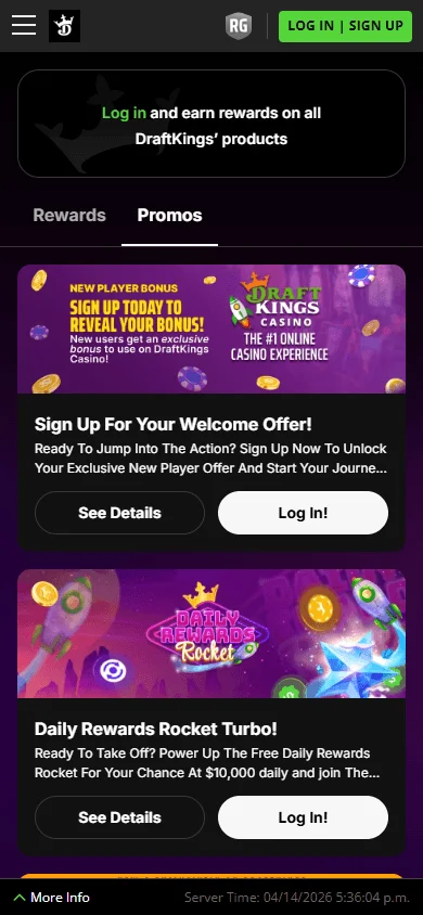 DraftKings Casino promotions screen in the mobile app with rewards features